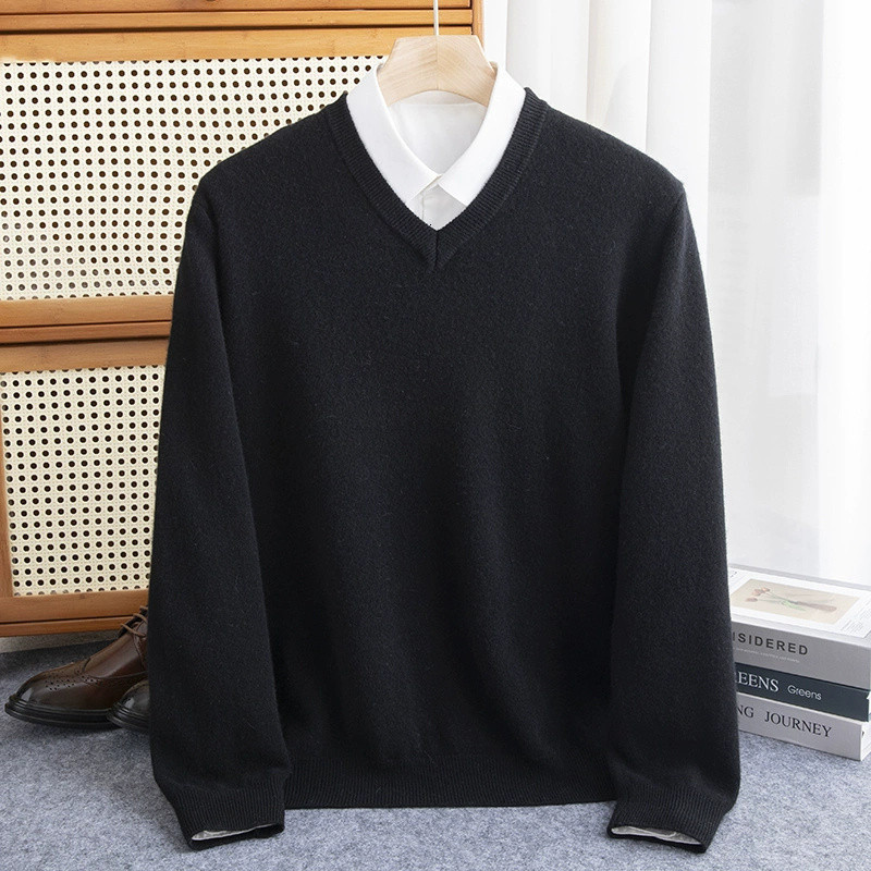 Wool Mens Sweater V-neck Knitted Long Sleeved Pullover Solid Color Casual Fashion Male Spring Cashmere Sweater 240808