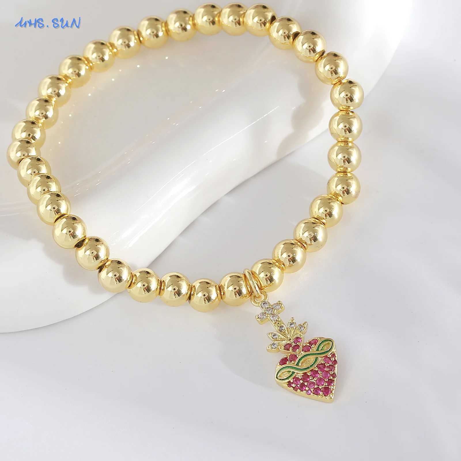 6MM Gold Plated Metal Beads Bracelets for Women and Men Cubic Zircon Sacred Heart Cross Charm Bracelet Party Jewelry W250807