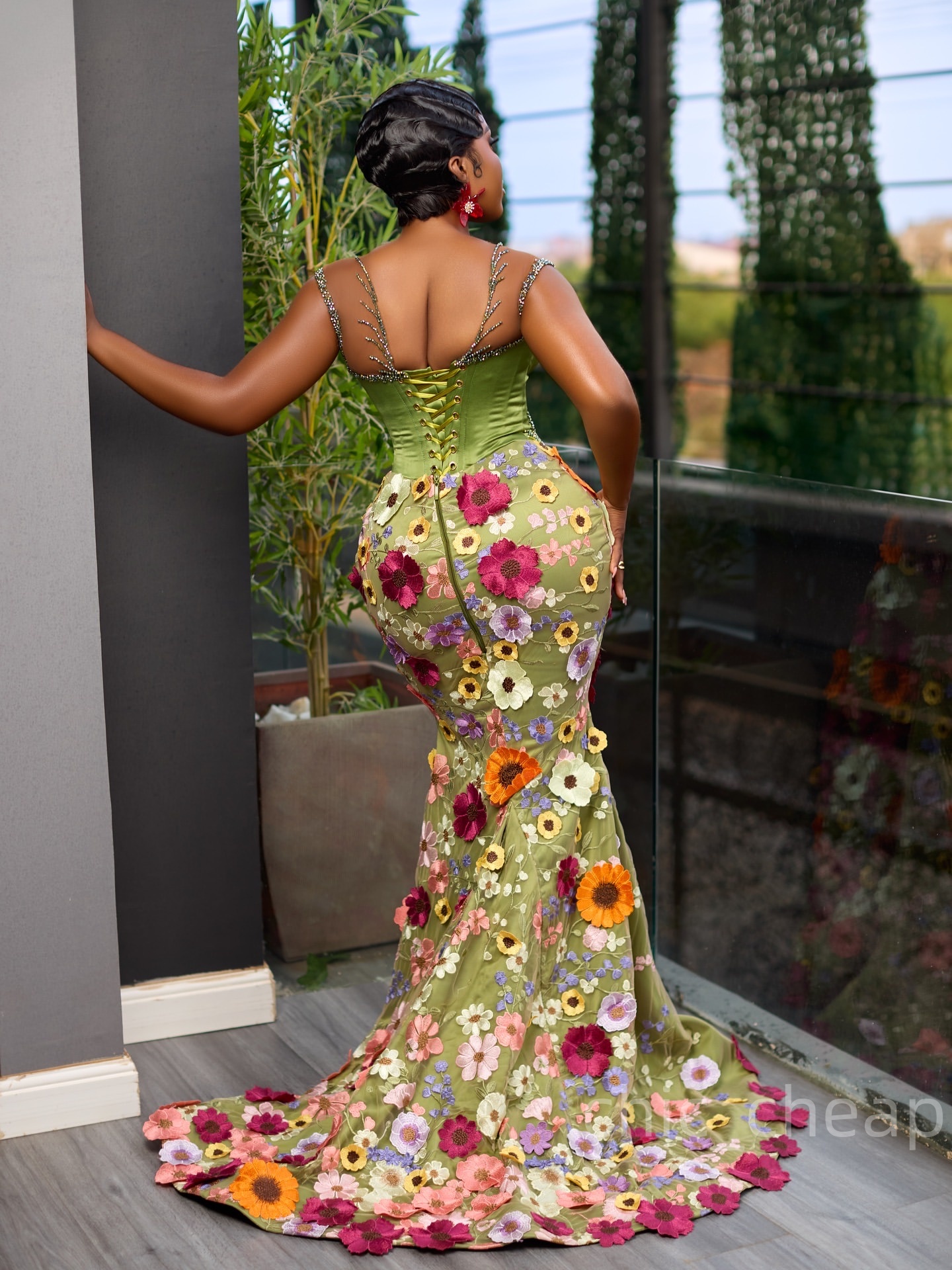 Olive Green Mermaid Prom Dresses 2025 Flowers Beaded Sheer Neck Evening Formal Party Second Birthday Engagement Gowns Plus Size Dress For Special Occa