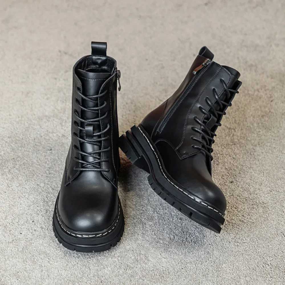 Black Boots Zipper Black Womens Boots Autumn Winter Thick Sole Height Increasing Motorcycle Short Boots Womens Platform Shoes XJ250807