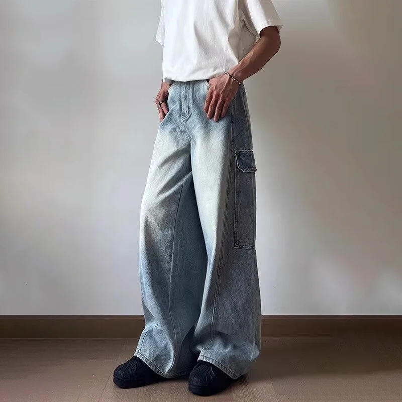 Mens Side Multipocket Straight WideLeg Jeans Hip Hop Fashion Cargo Denim Pants Y2K Vintage Streetwear Baggy Jean 250807