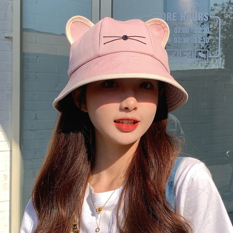 Korean Cartoon Cat Ear Bucket Hat Spring Summer Kawaii Beach Tour Sun Visor Hats Wide Brim Y2K Cotton Panama Cap 250805