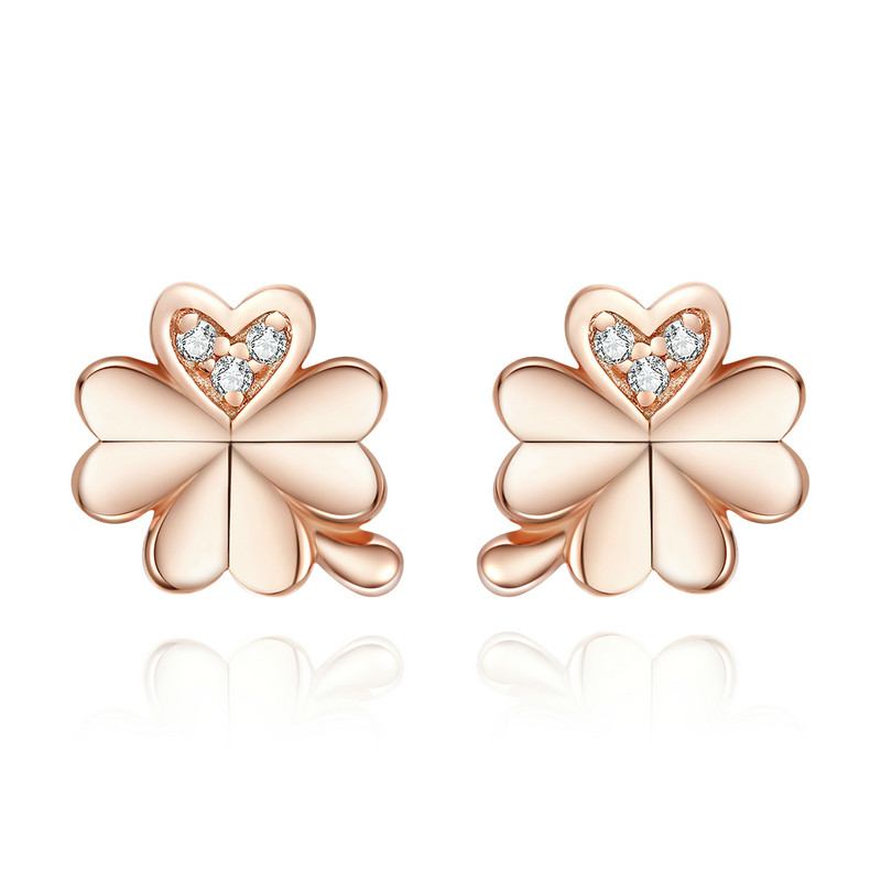 Bamoer Original Four-leaf Clover Stud Earrings S925 Sterling Silver Rose Gold Plated Earrings Plant Personality Fashionable Silver Earrings