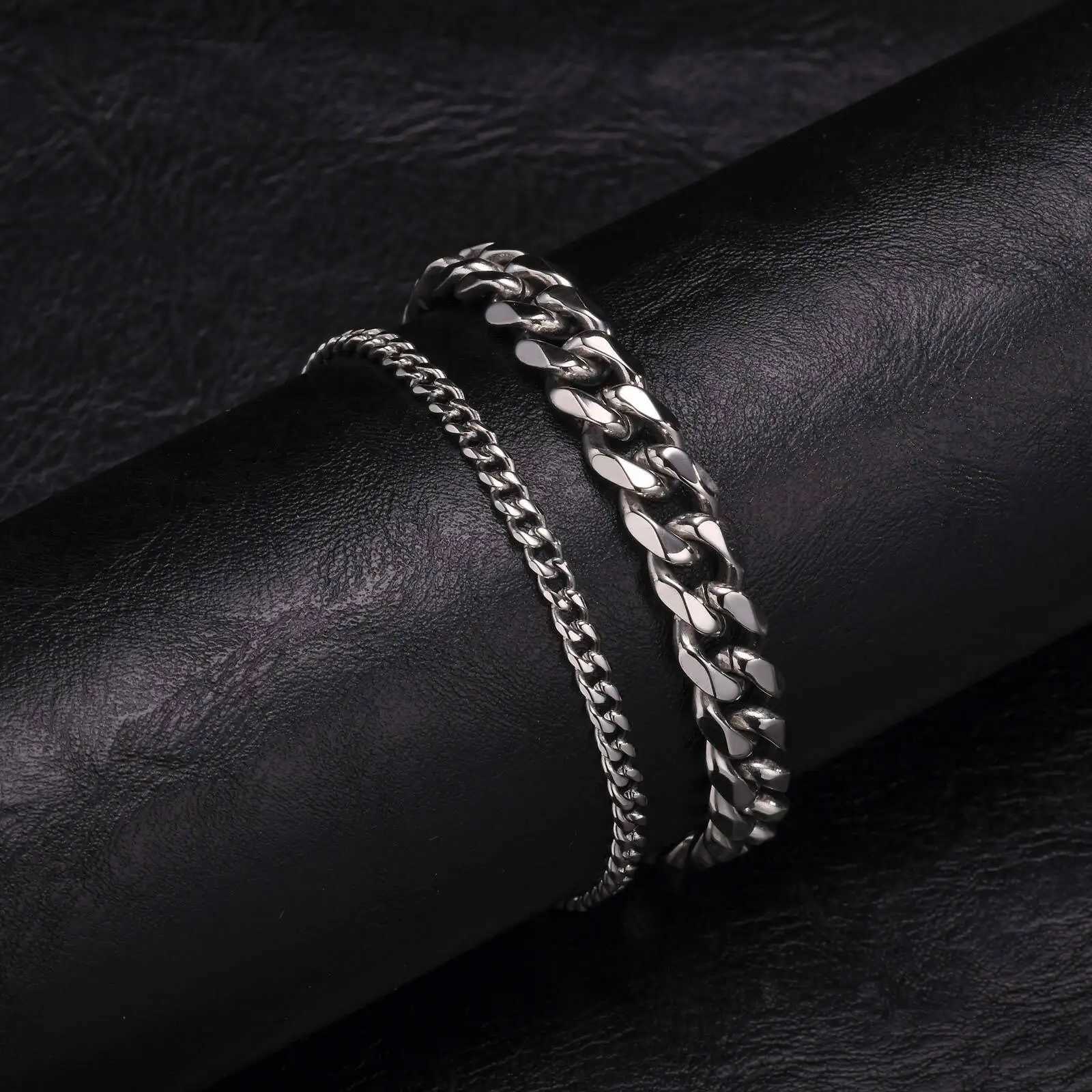 2pcs/set Cuban Chain Bracelet for Men Waterproof Stainless Steel Miami Curb Wristband Casual Jewelry Gift W250807