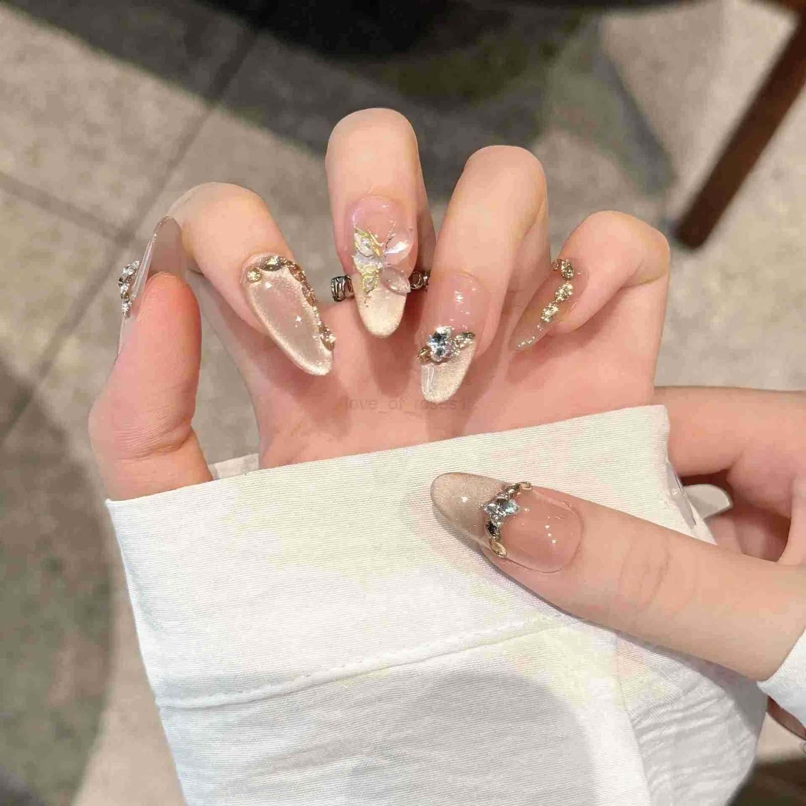 10Pcs/Set Finished Fake Nails with Butterfly Design Champagne Cats Eye French Handmade Press-on False Nails for Women and Girls Z250807