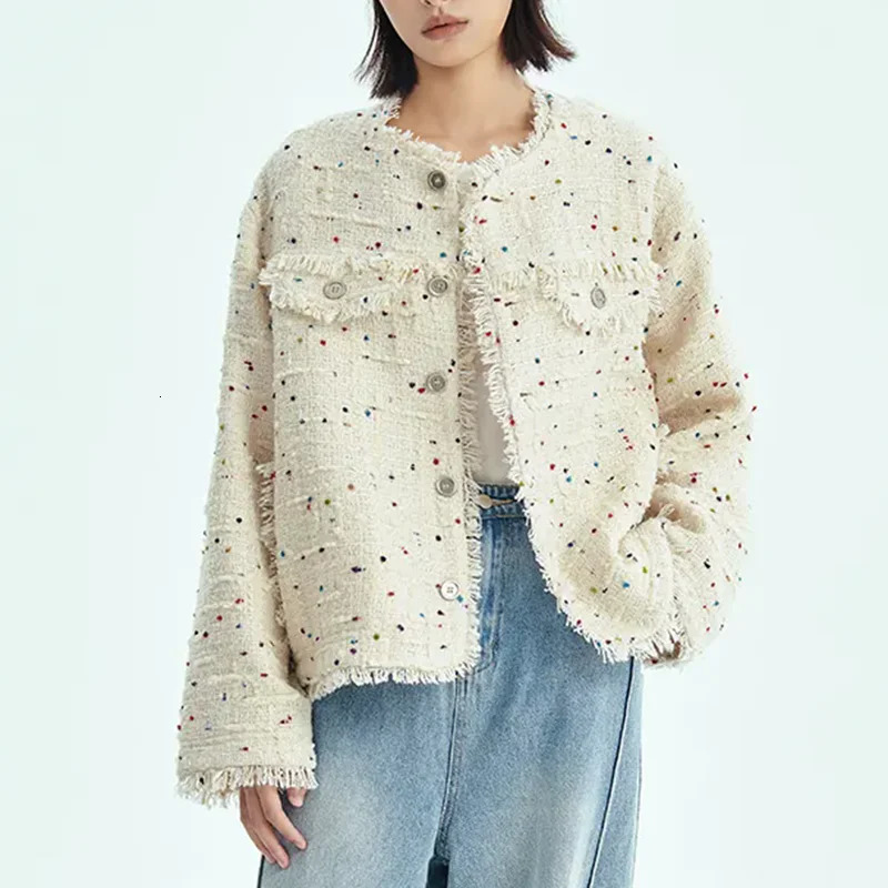 Chic n Tweed Oneck Jackets Tops Korean Fashion Loose Single Breasted Coats Women Casual Vintage Long Sleeve Abrigos Blusas 250807