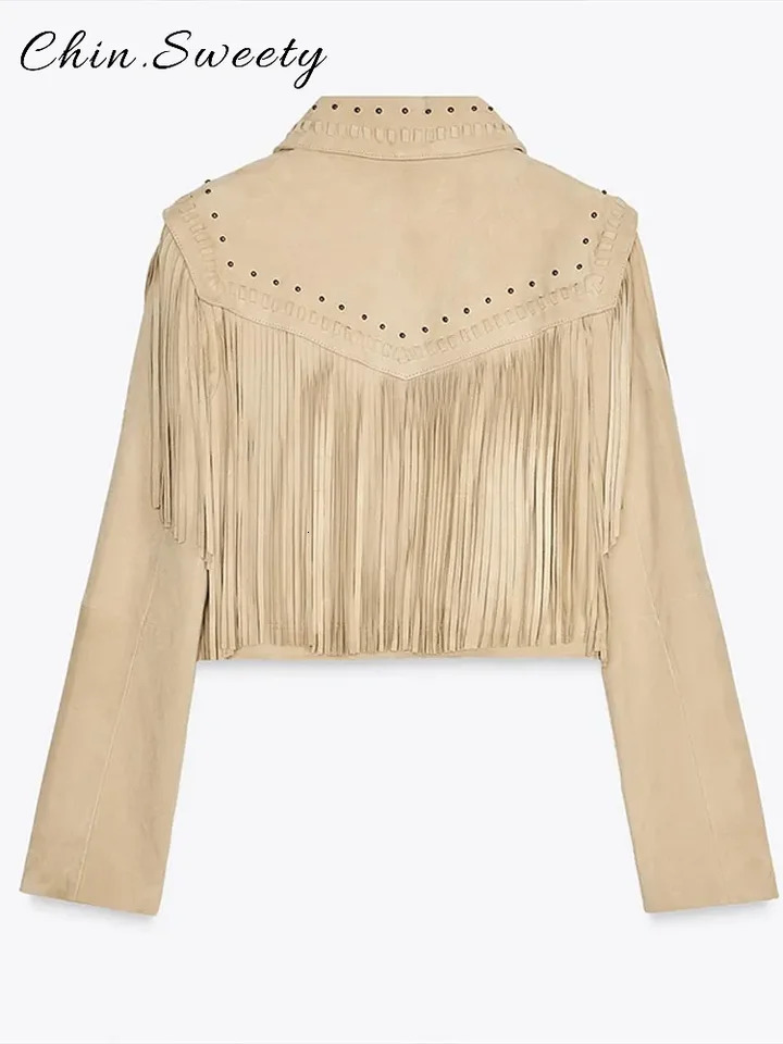 Casual Retro Tassels Beading Short Jacket Women Loose Solid Lapel Full Sleeve Zipper Coats 2025 Spring Lady High Street Coat 250804