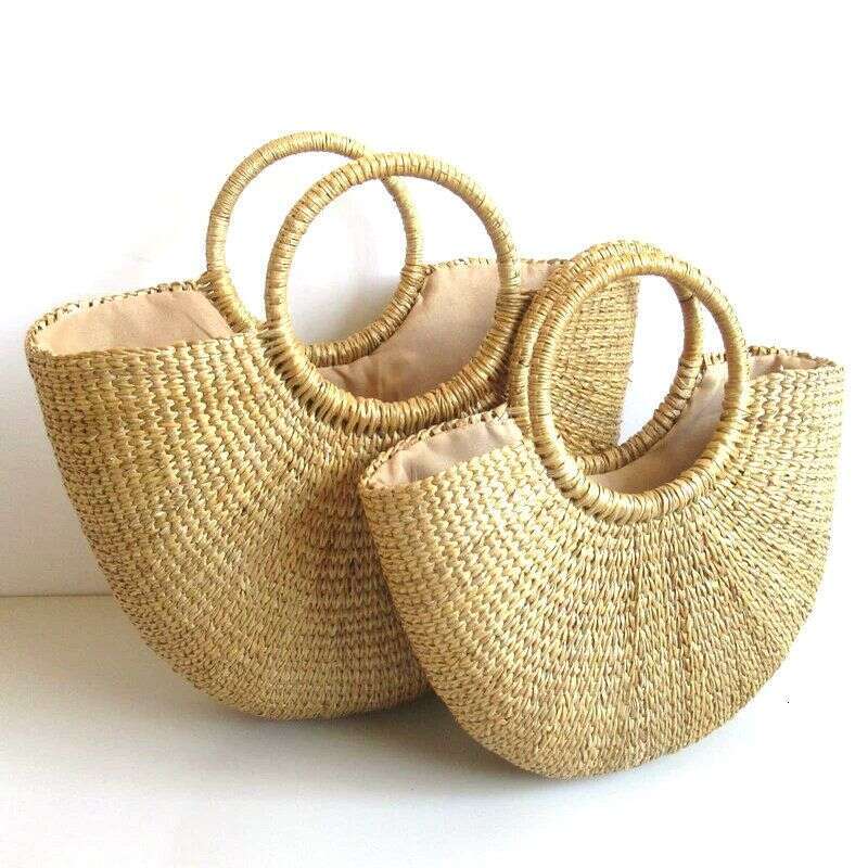 Yellow Grass Half-Round Handbag Simple Solid Color Straw Casual Vacation Beach Woven Bag