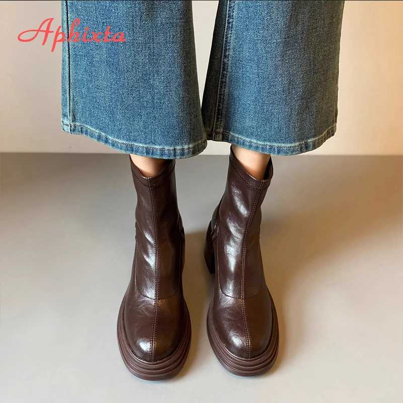 Aphixta Chelsea Shoes Classic Woman Ankle Boots Square Heel Platform Boot Patent Leather Winter Black Ankle Boots XJ250807