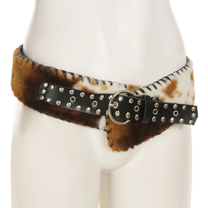SUCHCUTE Vintage Faux Fur Patchwork Pu Leather Belt Punk Western Cowboy Accessories Y2K Womens Waistband Retro 2000s Decorative 250806