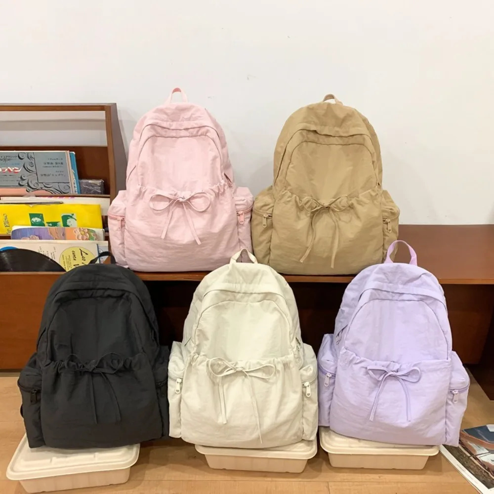 Student Backpack Womens Japanese Style Lightweight and Fashionable Backpack Solid Color Simple Bow Casual Travel Backpack 250807