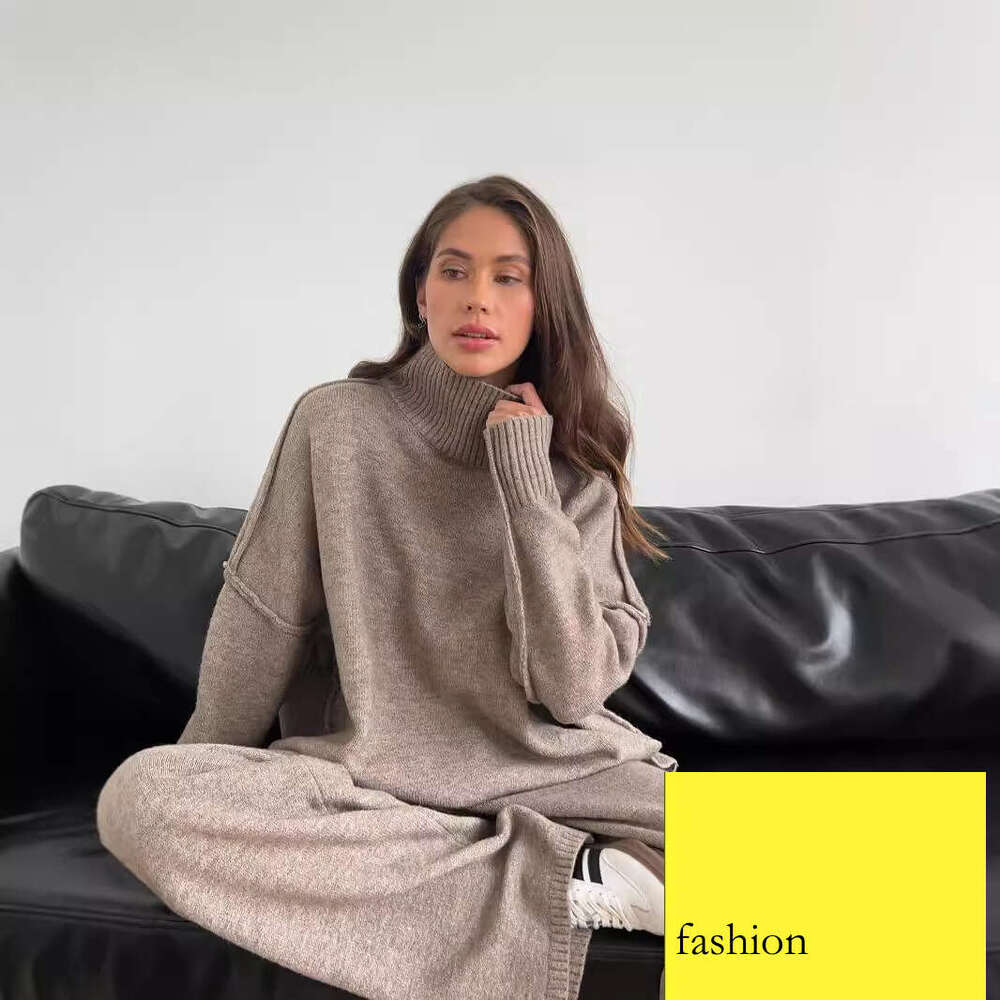 High Neck Split Wool Sweater For Women Loose Casual Lazy Knitted Long Pants Two-Piece Set B5 h7