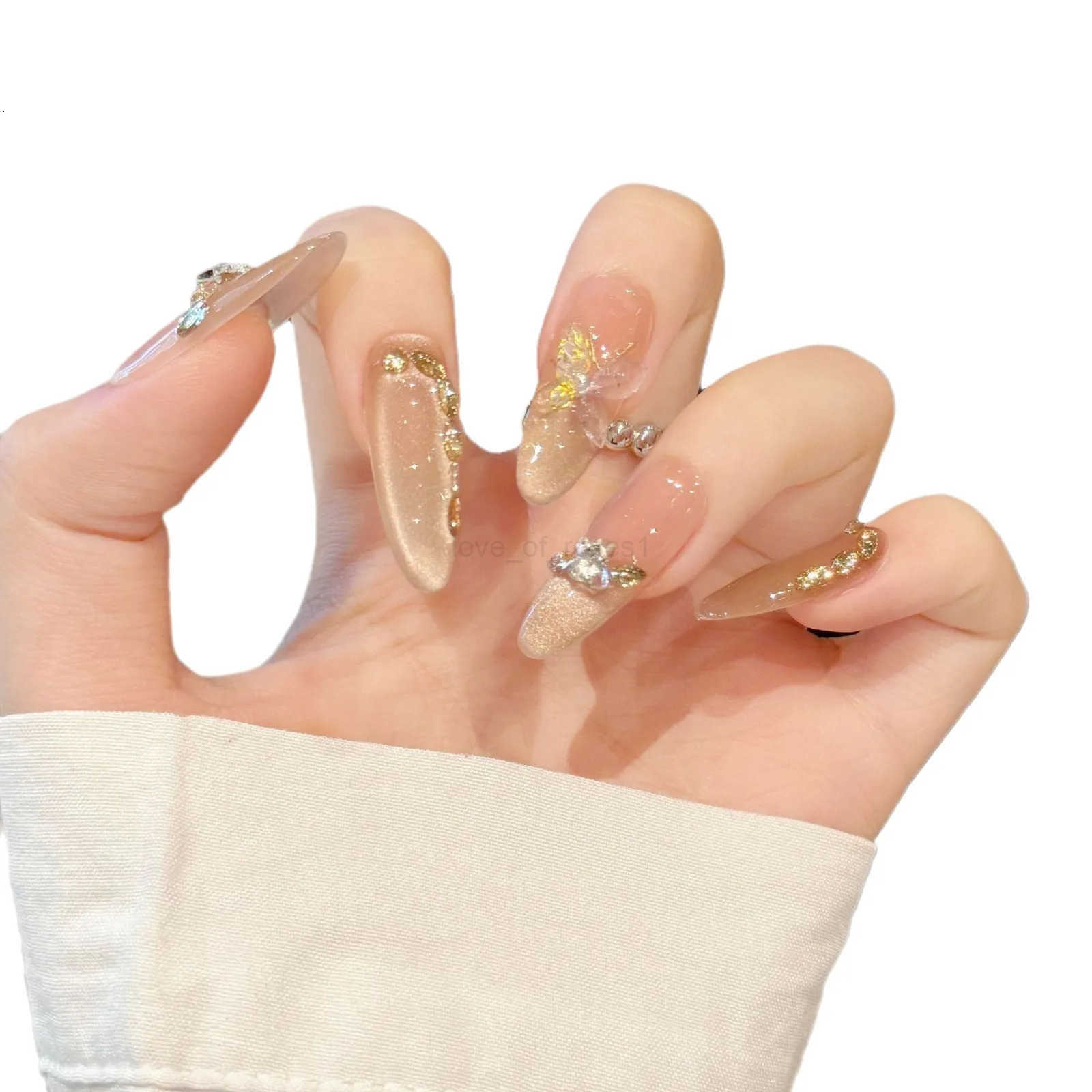 10Pcs/Set Finished Fake Nails with Butterfly Design Champagne Cats Eye French Handmade Press-on False Nails for Women and Girls Z250807