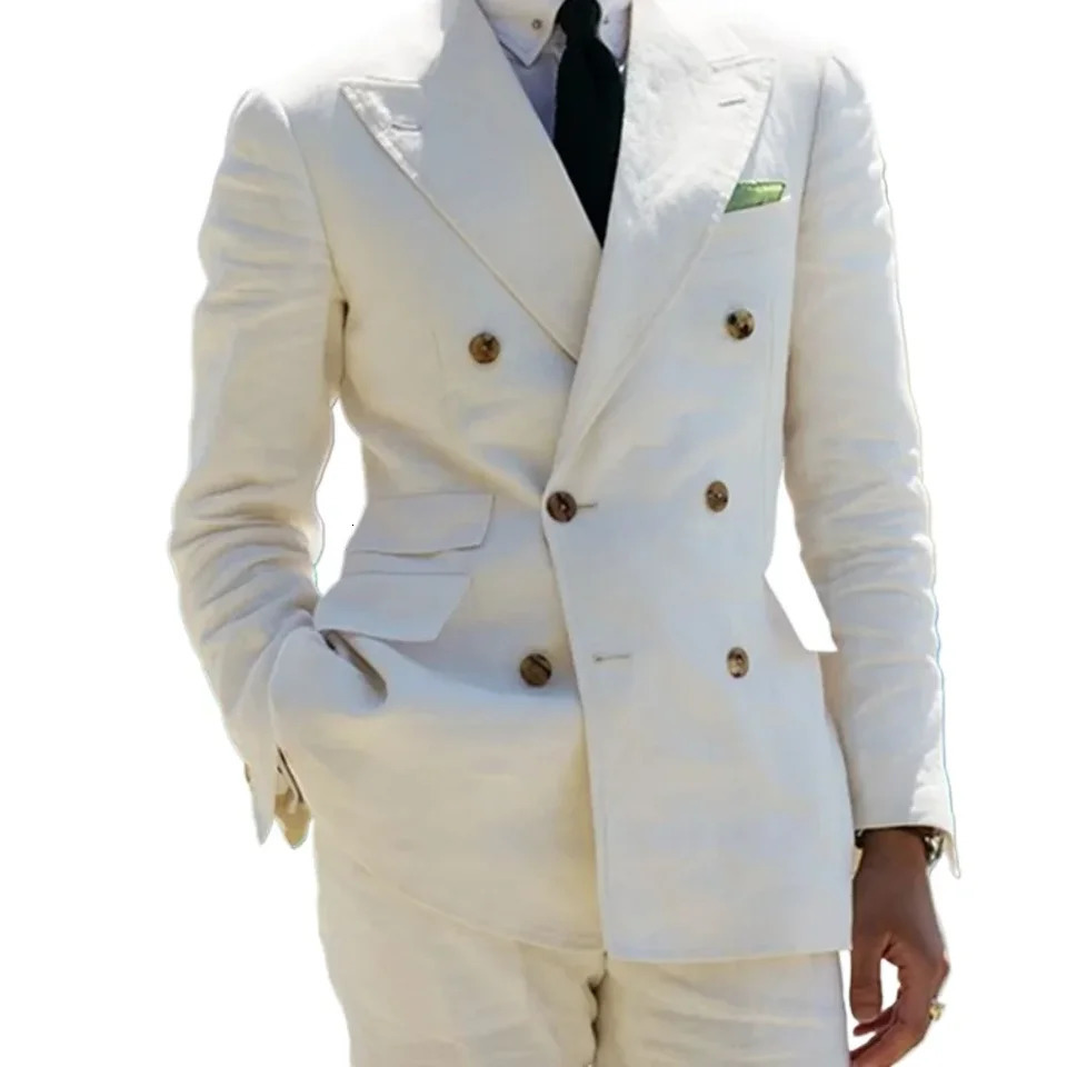 2 Piece Formal Beige Linen Men Suit Smart Casual Wedding Double Breasted Slim Fit Blazer Hombre Quality Custom Male 250807