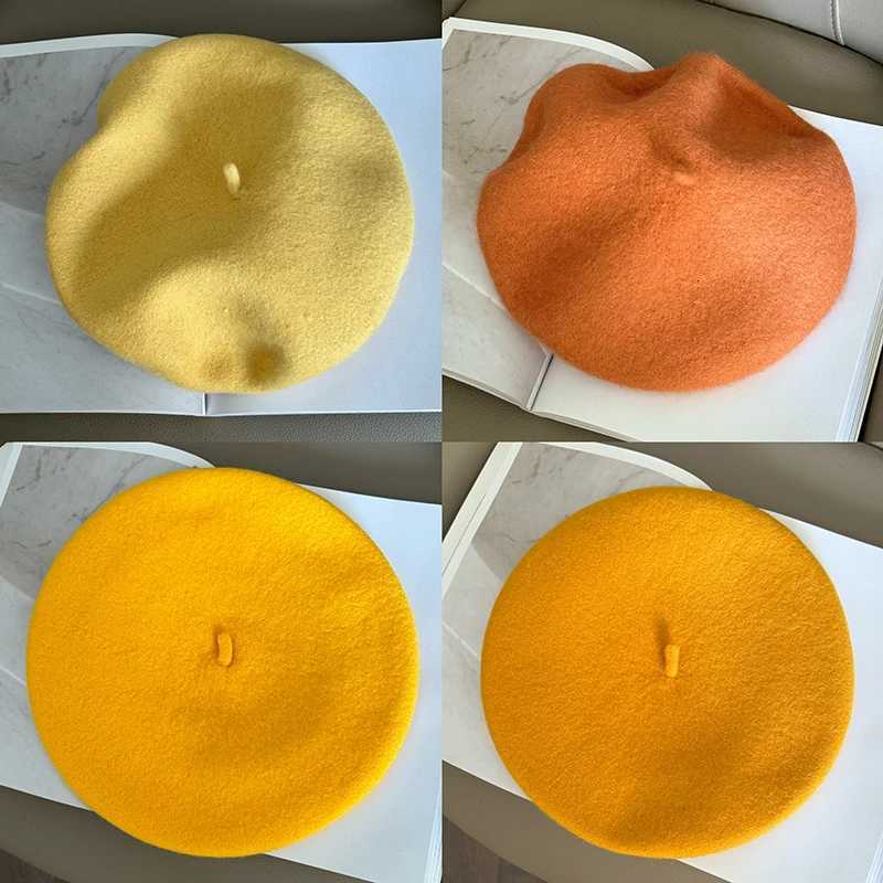 Luna Dolphin Women 90% Wool Mushroom Yellow Berets Autumn Winter Deep Eaves Knitting Artist C Painter Beanie Hat Sweet Color XJ250807