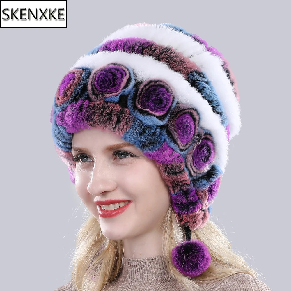 Winter Women Flowers Striped Natural Real Rex Rabbit Fur Hats Lady Warm Knit Genuine Fur Caps Russian Outdoor Fur Hats 250806