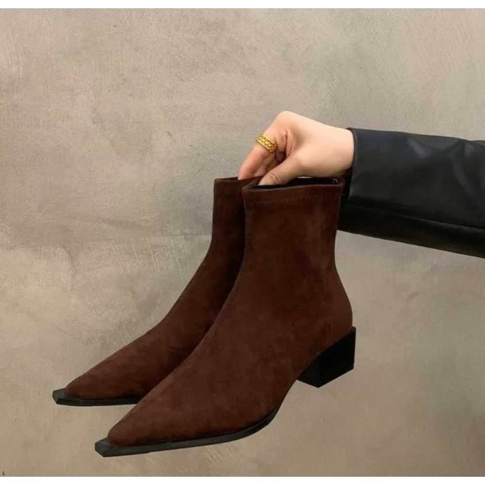 New Women Leopard Ankle Boots Pointed Toe Suede Mid Heels Shoes Woman Trend Chunky Chelsea Boots Pumps New Snow Mujer Boots XJ250807