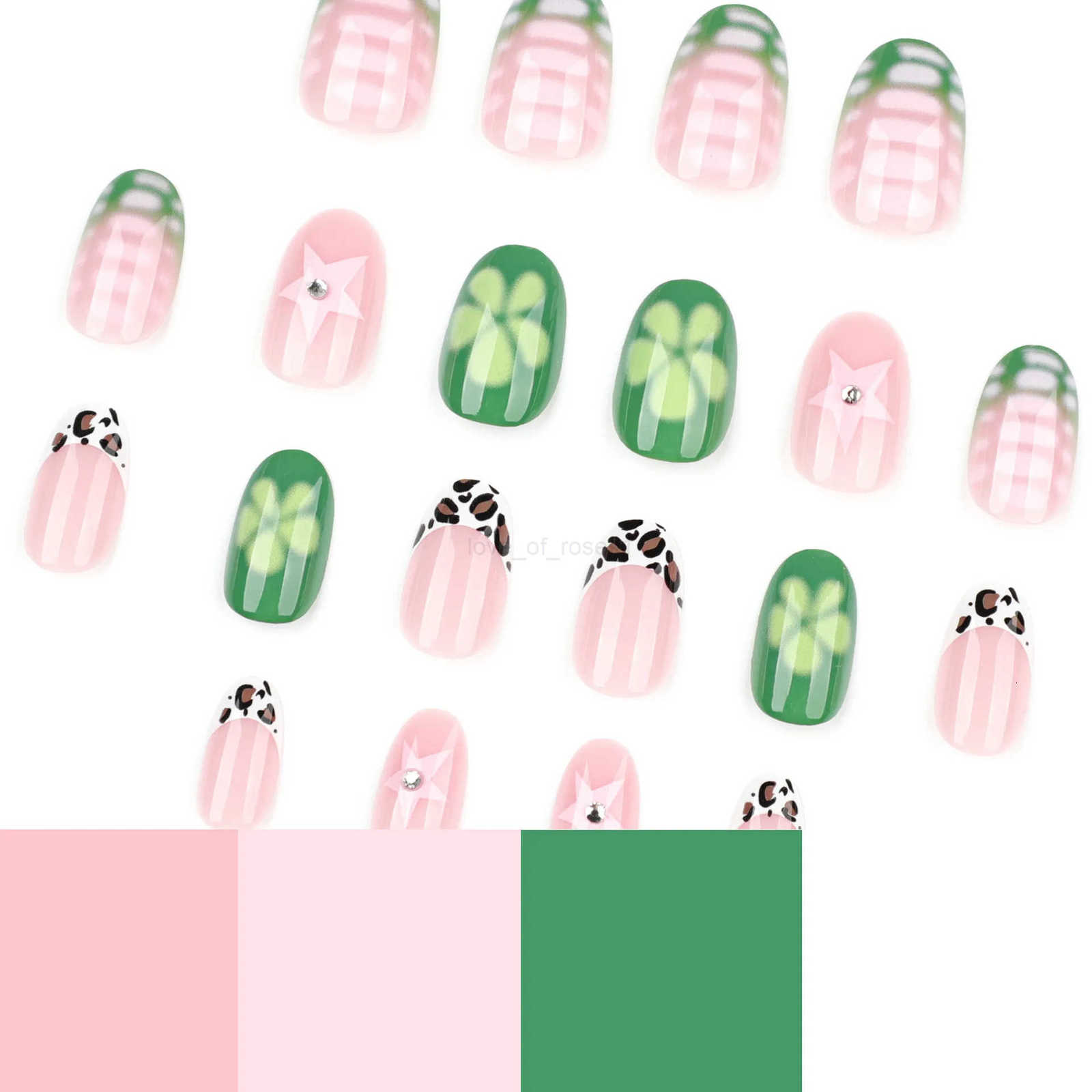 24pcs Press on Nails Short Square Round Green Cream French Small Flower Star False Nails for Women Girls Removable Wearable Nails Z250807