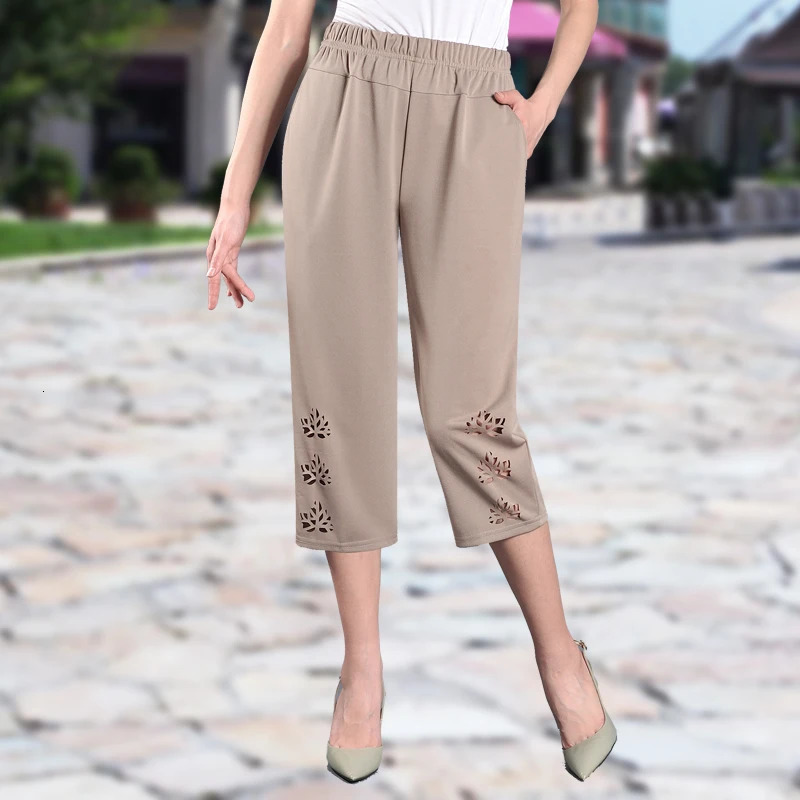 Summer Hollow Calf Pants 2025 Womens Fashionable Thin Outdoor Clothing Elastic Waist Plus Size Casual Office 250805