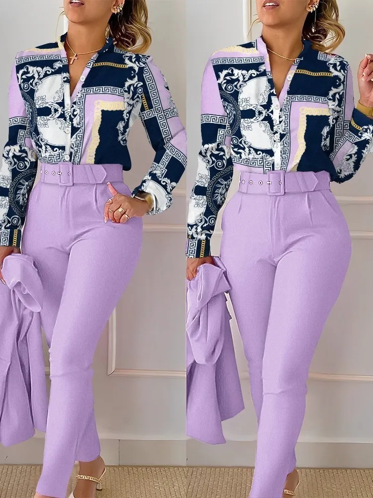 Autumn Winter Stand Neck Floral Print Long Sleeve Shirt Pants Two Piece Sets Elegant Women Casual Shirt Trousers Suits With Belt 250805