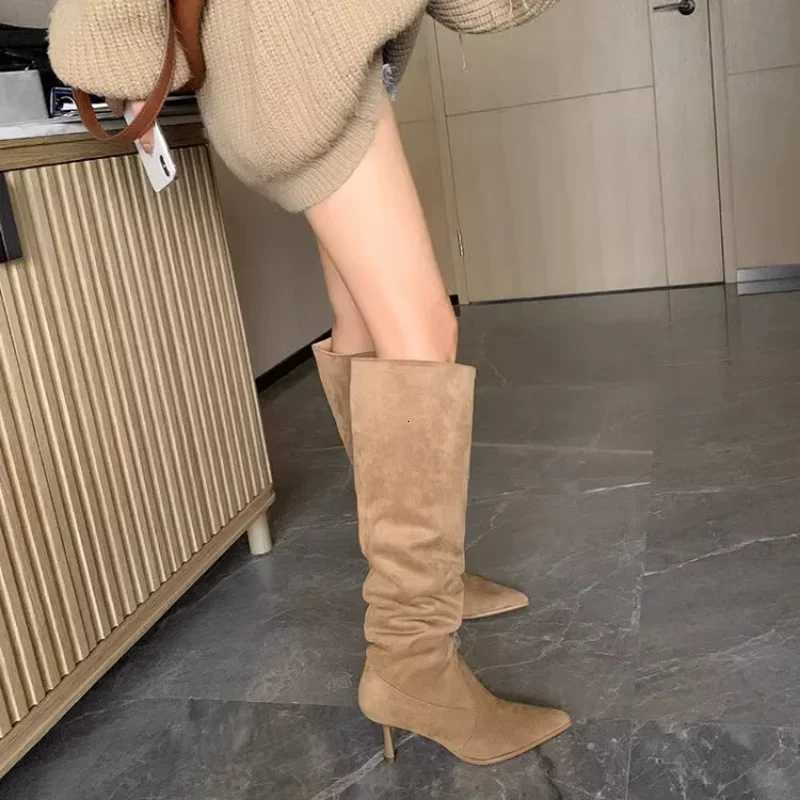 Women Pointed Toe Thin High Heels Ankle Boots Autumn Fi Pleated Cowboy Women Faux Suede Woman Slip Warm Boots XJ250807