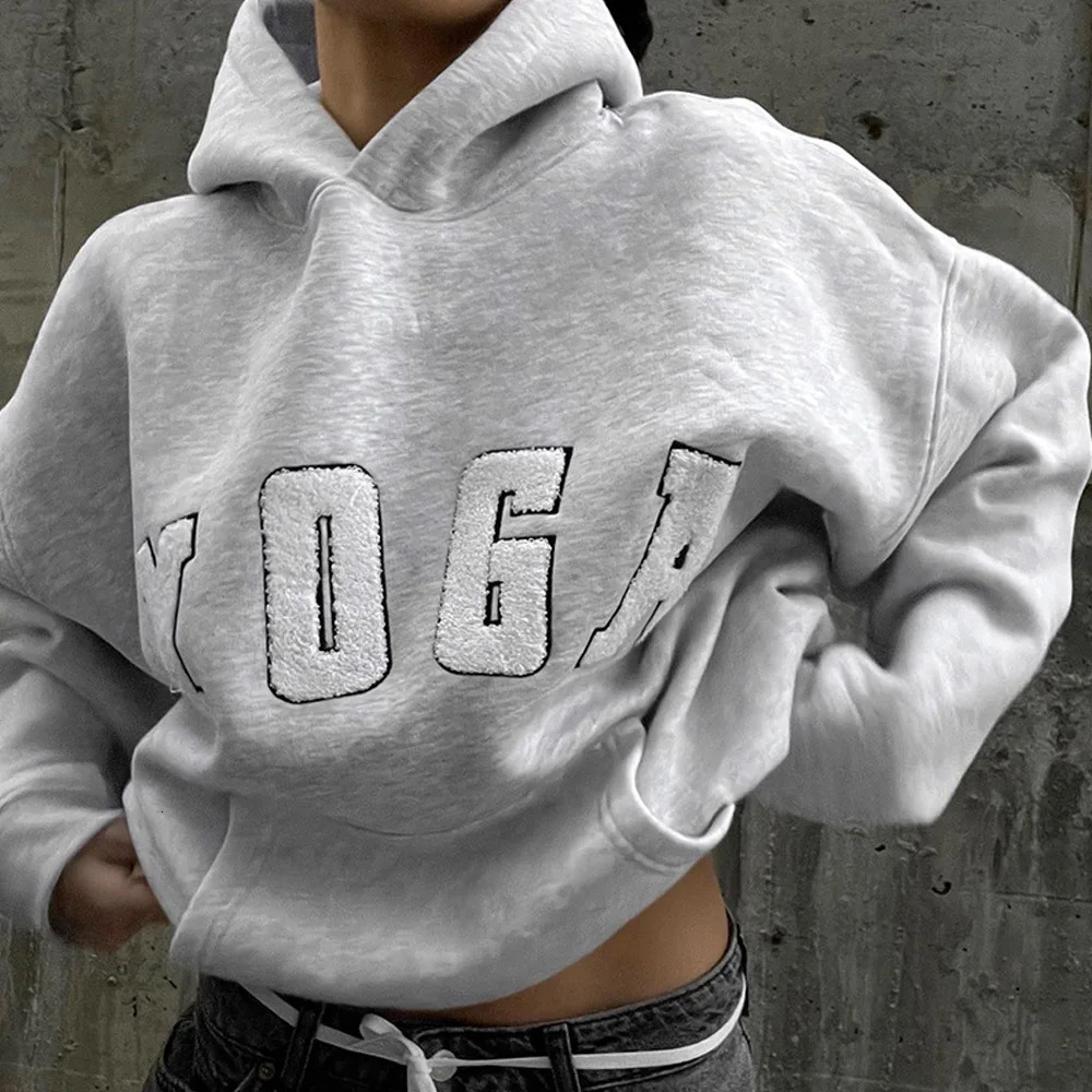 2025 Fashion Casual Gray Embroidered YOGA Letters Solid Color Printing Versatile Loose Sports Hooded Sweatshirt For Women 250806