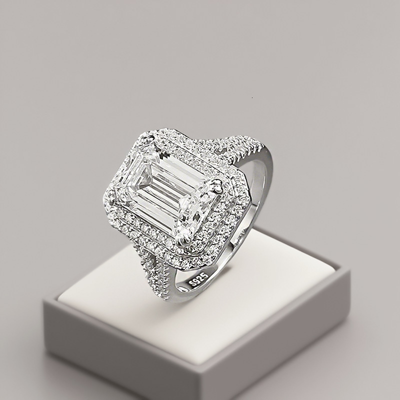 Hui Zhi Wing Jewelry New S Silver Luxury Inlaid 3.5 Emerald Cut White mond Ring for Women Elegant and High-end Feel