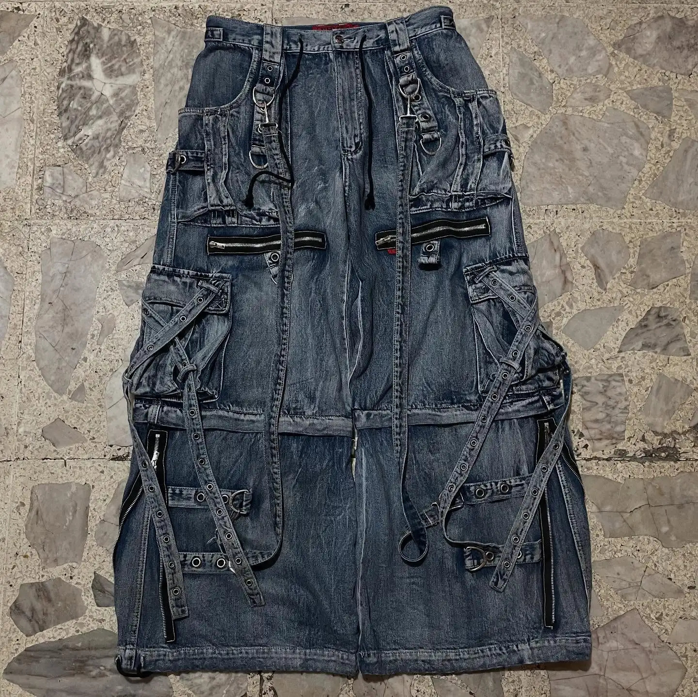 Retro Hip Hop Blue Y2k Cargo Pants with Large Pockets Zipper Baggy Jeans Straight Leg Wide Leg Ripped Jeans Gothic Streetwear 250805