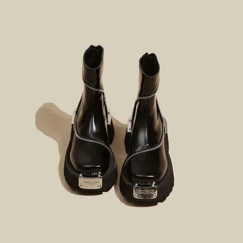 Platform Womens 2025 Spring New British Style Square Toe Chelsea Boots Metal Functial Booties XJ250807