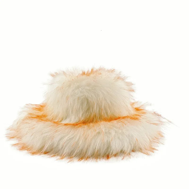 Winter Warm Plush Bucket Hat Women Oversize Earflaps Fluffy Faux Fur Hats Fashion Furry Raccoon Fur Cotton Hat Solid Color Hats 250806