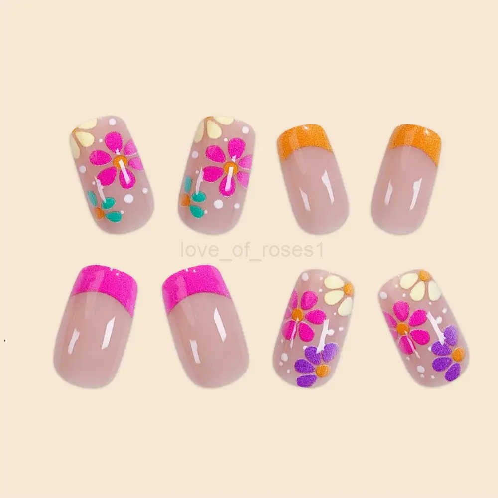 24Pcs/Set Middle Size Square Rose Red French Colorful Flower Full Coverage Wearable Nail Art Fake Nails for Women Girls Z250807