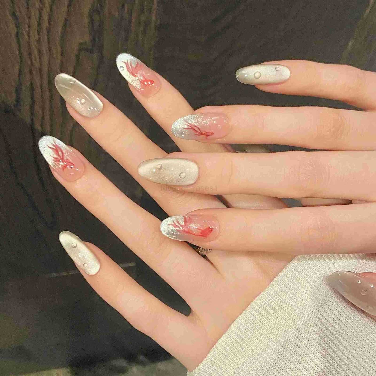 10pcs Glossy Almond Handmade Press On Nails Chinese Style Koi Fish Pattern Shiny Cats Eye False Nails Simple Fake Nails For Girls Z250807
