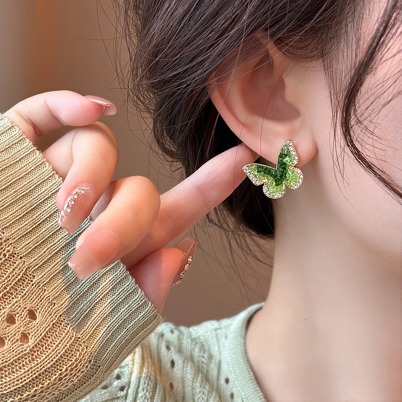 Free Shipping Designer Luxury Jewelry Green Crystal Butterfly Unique Women's Earrings Niche Temperament Studs High-end Fashion Accessories