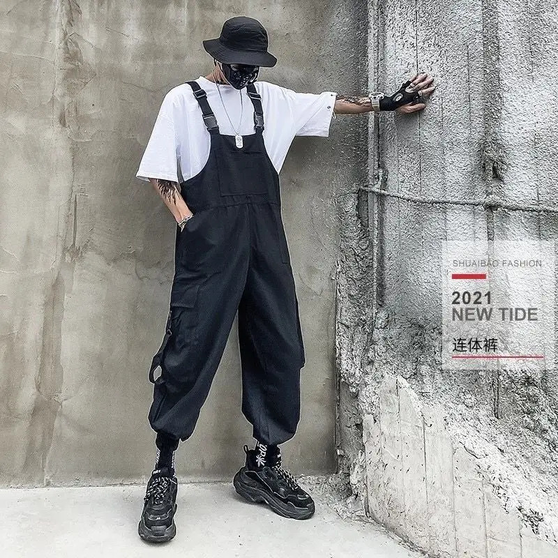 Mens Jumpsuit Womens Suspenders Hiphop Overalls Pants Male Loose Casual Long Trousers Solid Color Pockets Cargo 250804