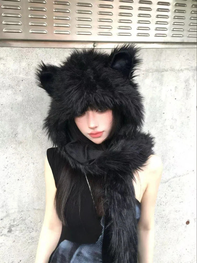 Japanese Kawaii Cute Fur Scarf Hat Winter Keep Warm Y2k Aesthetic Fashion Vintage Cap Bears Ears Women Hats Grunge Streetwear 250806