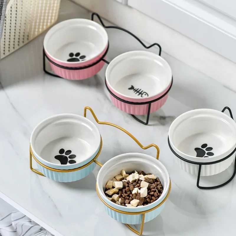 Single Or Double Tilt Bowl Ceramic Bowl for Dog Cat Puppy Kitten Elevated Food Feeder Drinker Pet Water Bowl Pet Supplies Y250806
