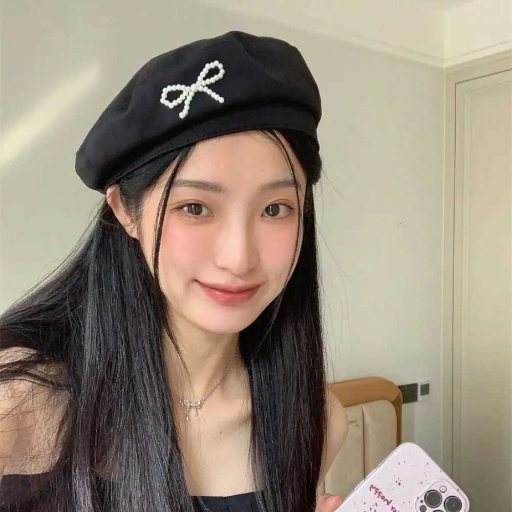 Fashion Pearl Bow Beret Solid Color Y2K Style Girl Women Octagonal Hat Korean Style Newsboy Painter Hat Streetwear XJ250807
