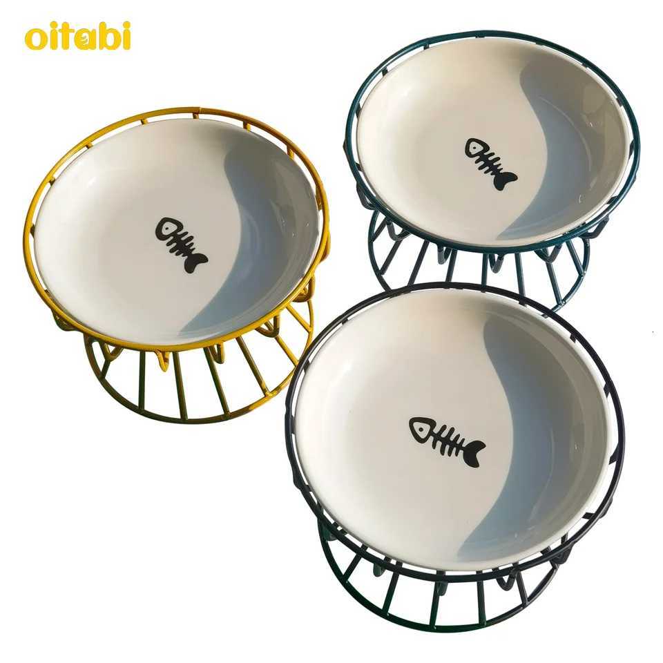 Oitabi Elevated Cat Bowl Raised Ceramic Cat Dish with Metal Stand Pet Water or Food Feeding Station for Cats and Small Dogs Y250806