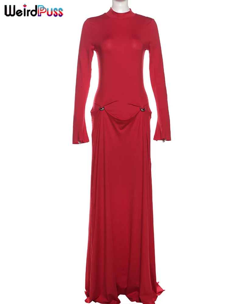 Weird Puss Rings Patchwork Dress Women Half High Collar Full Sleeve Loose Hem Prom Banquet Party Classic Bright Red Long Bodycon 250804