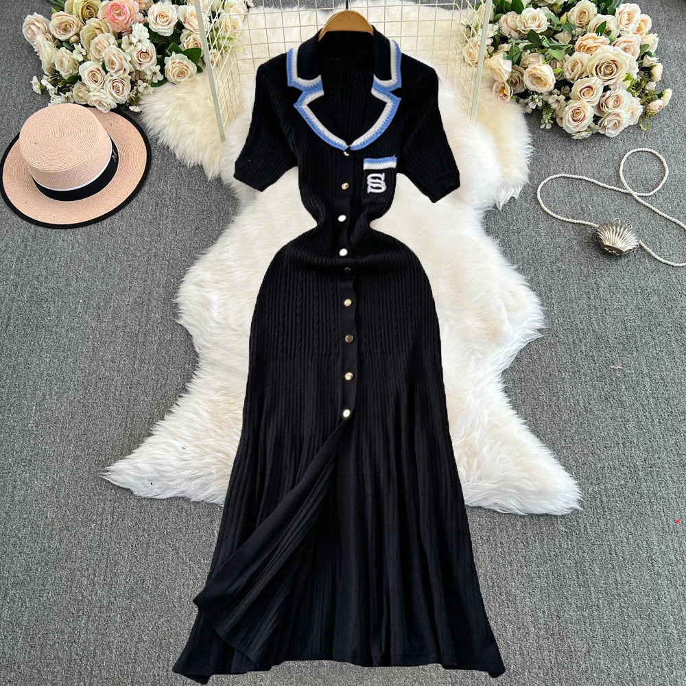 YuooMuoo Women Dress Arrival Women Knitted Maxi Dress Elegant Notched Embroidery Long Shirt Dress Lady Sweater Vestidos 250806