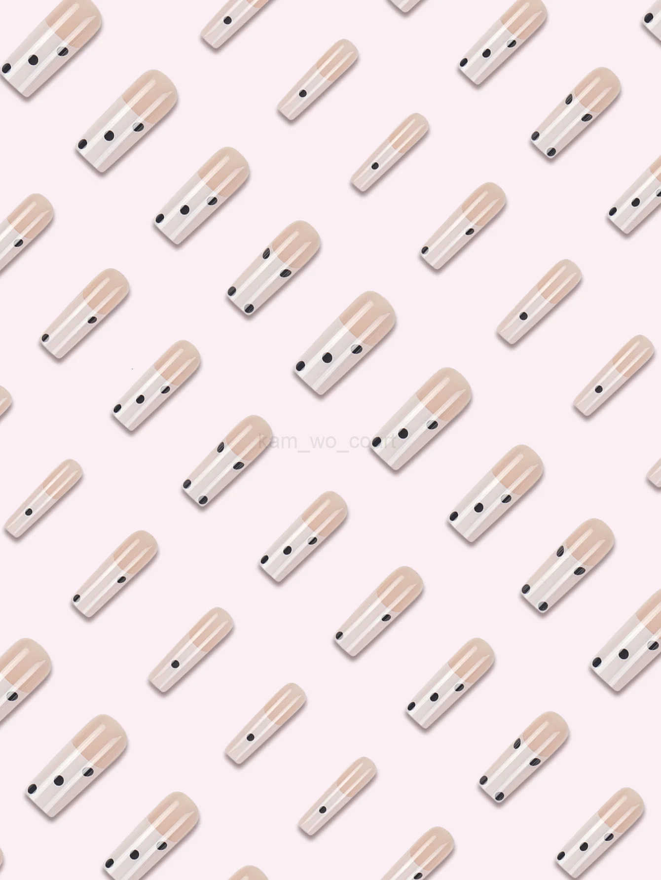 24-Piece Coffin-Shaped Extra Long ABS Fake Nails Black Spots French Pressed Design with Square Pattern for Fingers M250807