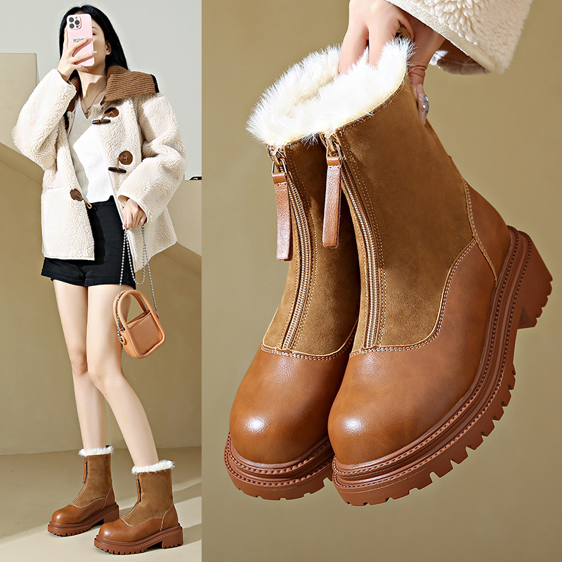 Retro Plus Size 35-42 Chunky Sole Martin Boots Women New 2025 Autumn Winter Round Toe Fleece Lined Fashion Boots Patchwork Thick Heel Ankle Boots Free