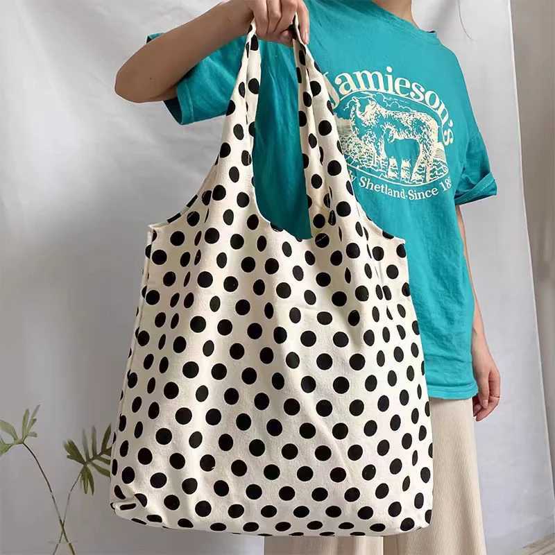 Effortless Chic Lady Polka Dot Handbag Large Capacity Beach Travel Canvas Tote Bag Lazy Aesthetic Artistic Casual Shoulder Bag Z250807