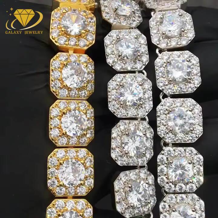 High Quality 925 Sterling Silver 10mm Moissanite Iced Out Square Clustered Tennis Chain Necklace Mens Hip Hop Jewelry