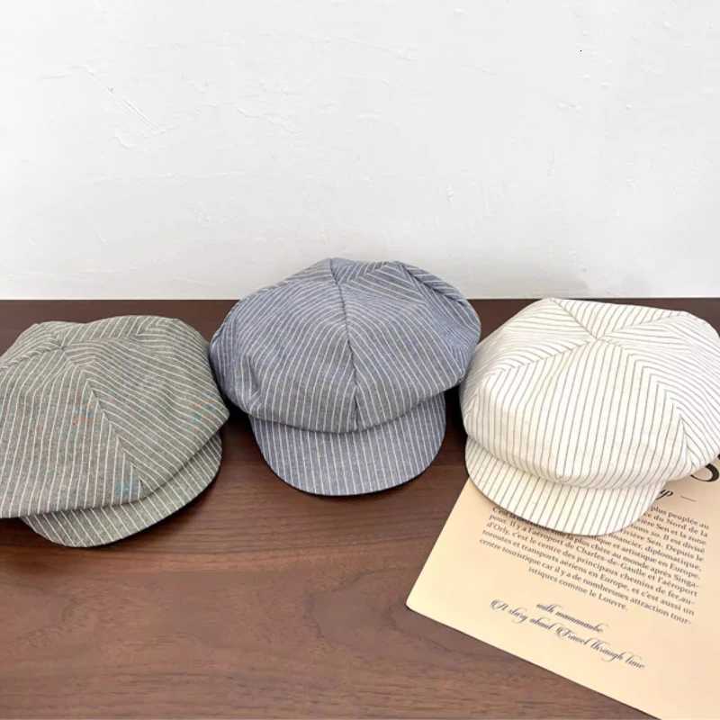 Korean Retro Simple Striped Octagonal Newsboy Hats for Women and Men Spring Summer Thin Casual Versatile Sunscreen Berets XJ250807