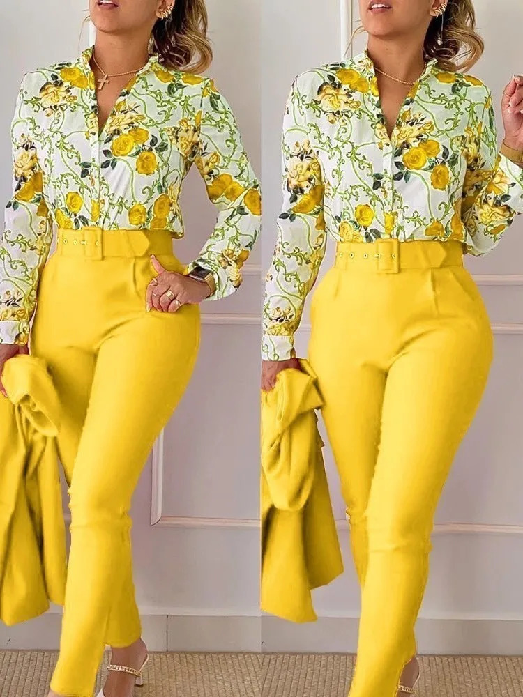 Autumn Winter Stand Neck Floral Print Long Sleeve Shirt Pants Two Piece Sets Elegant Women Casual Shirt Trousers Suits With Belt 250805