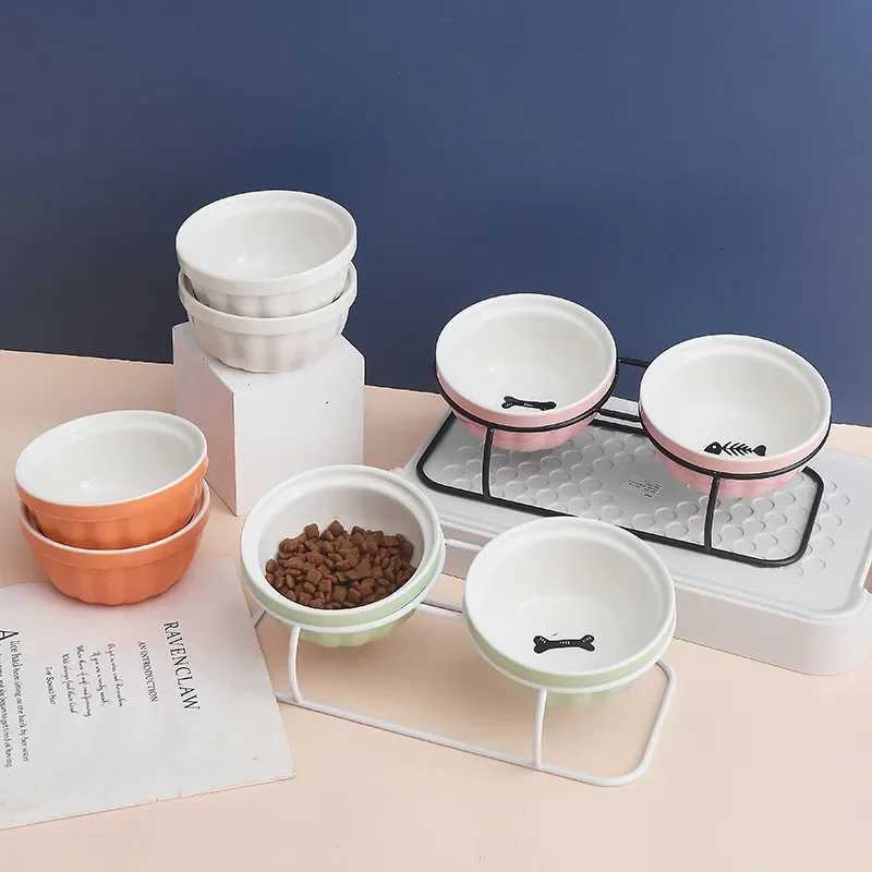 New Cat Double Bowl Cute High-Leg Ceramic Oblique Mouth Protect Cervical Spine Prevent Overturning Food Water Feed Pet Supplies Y250806