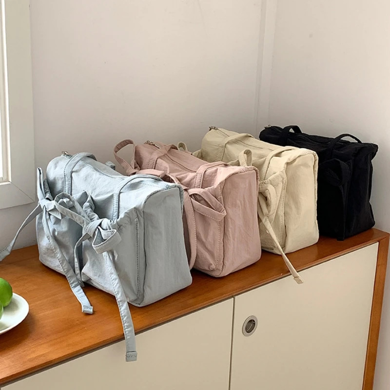 Lightweight Casual Nylon Shoulder Bag Unique Fresh Gentle Bow Travel Bag Solid Color Soft Large Capacity Womens Tote Bag 250807