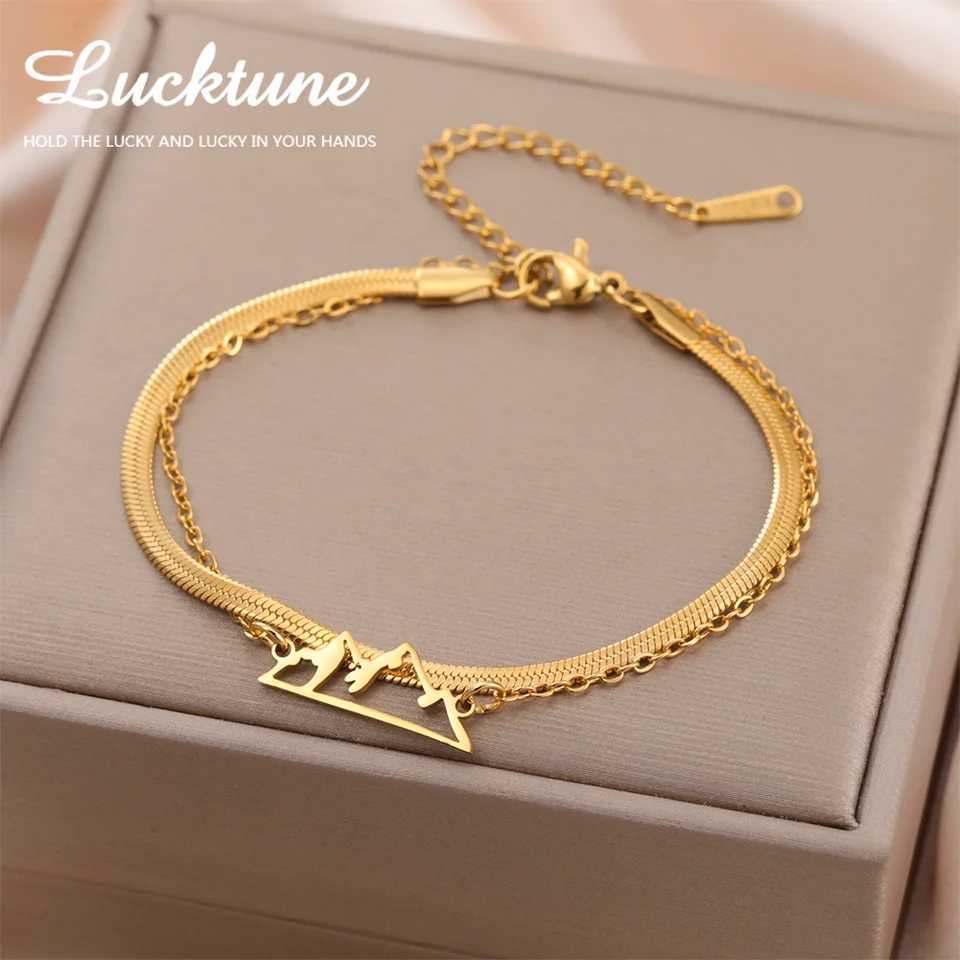 Lucktune Mountain Charms Stainless Steel Bracelet Jewelry For Women Fashion Double Chain Womens Hand Bracelets Birthday Gift W250807