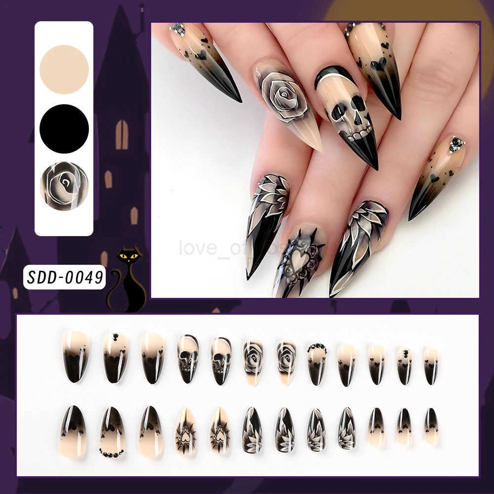 24Pcs Black Glossy Halloween Almond Fake Nails Gradient French Cool Press On Nails Rose/Heart/Skull Acrylic Wearable False Nails Z250807